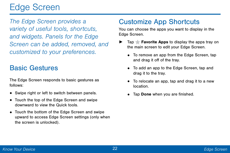 Edge screen, Basic gestures, Customize app shortcuts | Samsung Galaxy Note Edge User Manual | Page 31 / 201