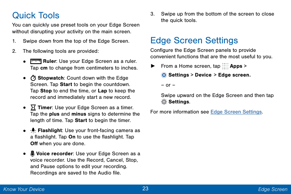 Quick tools, Edge screen settings | Samsung Galaxy Note Edge User Manual | Page 32 / 201