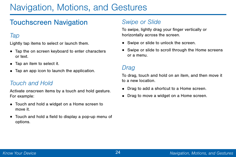 Navigation, motions, and gestures, Touchscreen navigation | Samsung Galaxy Note Edge User Manual | Page 33 / 201