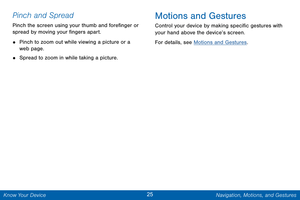 Motions and gestures, Pinch and spread | Samsung Galaxy Note Edge User Manual | Page 34 / 201