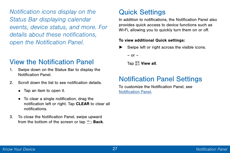 View the notification panel, Quick settings, Notification panel settings | Samsung Galaxy Note Edge User Manual | Page 36 / 201