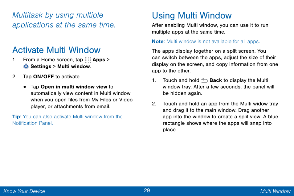 Activate multi window, Using multi window | Samsung Galaxy Note Edge User Manual | Page 38 / 201