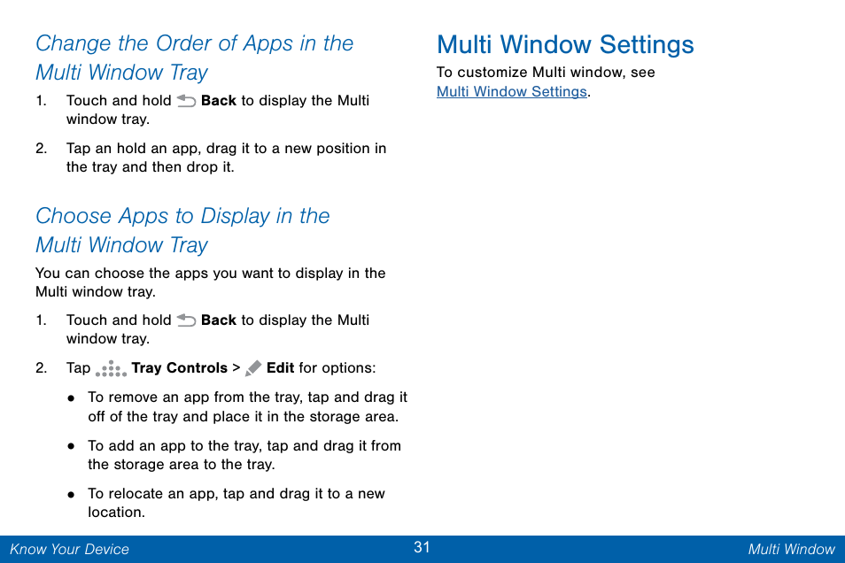 Multi window settings, Change the order of apps in the multi window tray, Choose apps to display in the multi window tray | Samsung Galaxy Note Edge User Manual | Page 40 / 201