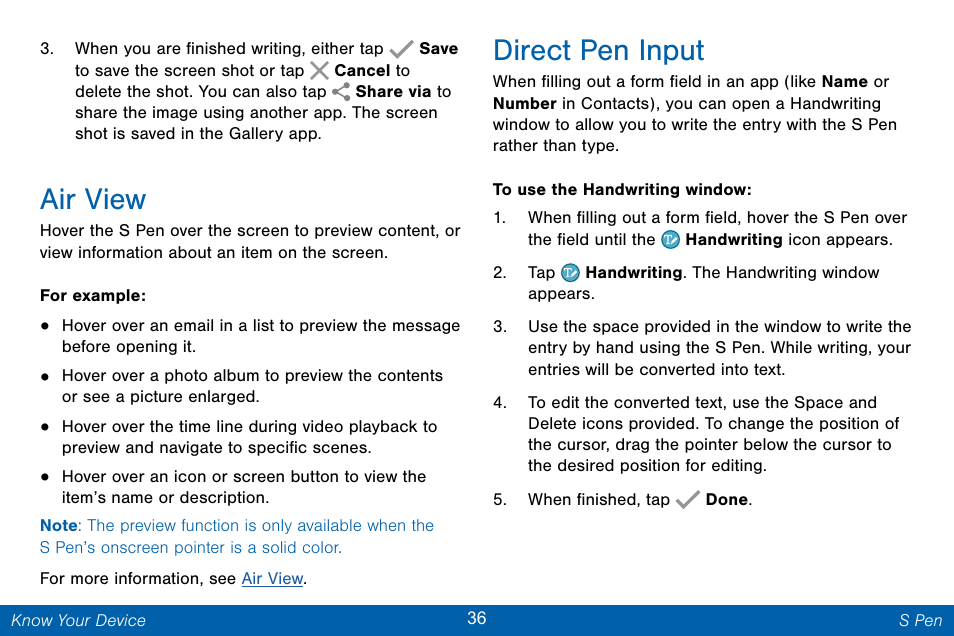 Air view, Direct pen input | Samsung Galaxy Note Edge User Manual | Page 45 / 201