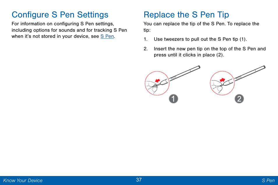 Configure s pen settings, Replace the s pen tip | Samsung Galaxy Note Edge User Manual | Page 46 / 201