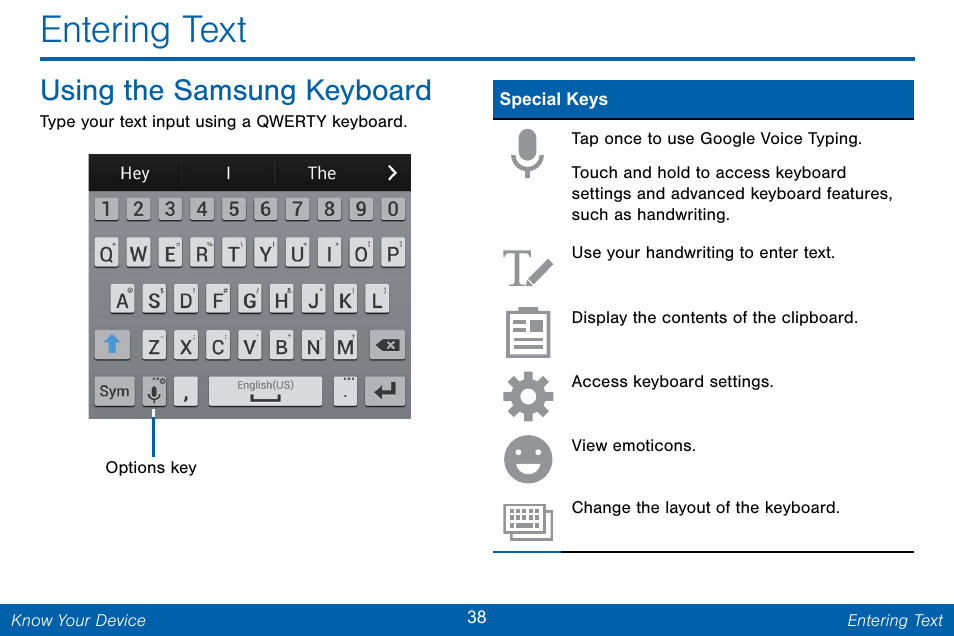 Entering text, Using the samsung keyboard | Samsung Galaxy Note Edge User Manual | Page 47 / 201