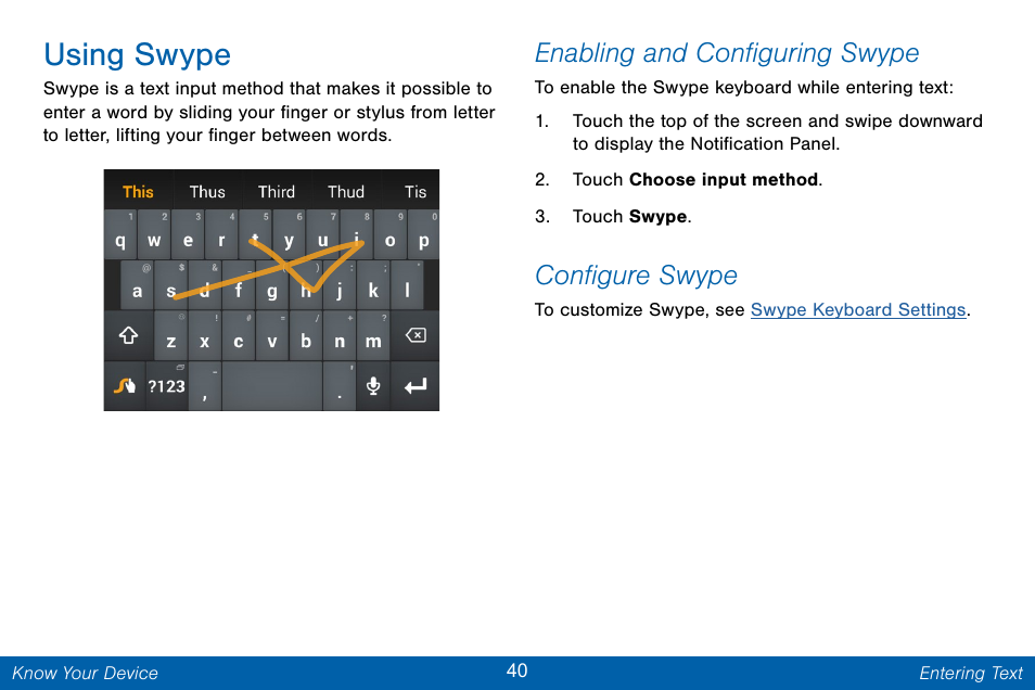 Using swype, Enabling and configuring swype, Configure swype | Samsung Galaxy Note Edge User Manual | Page 49 / 201