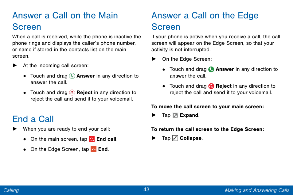 Answer a call on the main screen, End a call, Answer a call on the edge screen | Samsung Galaxy Note Edge User Manual | Page 52 / 201