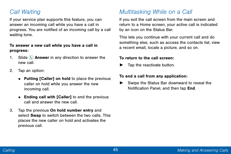 Call waiting, Multitasking while on a call | Samsung Galaxy Note Edge User Manual | Page 54 / 201