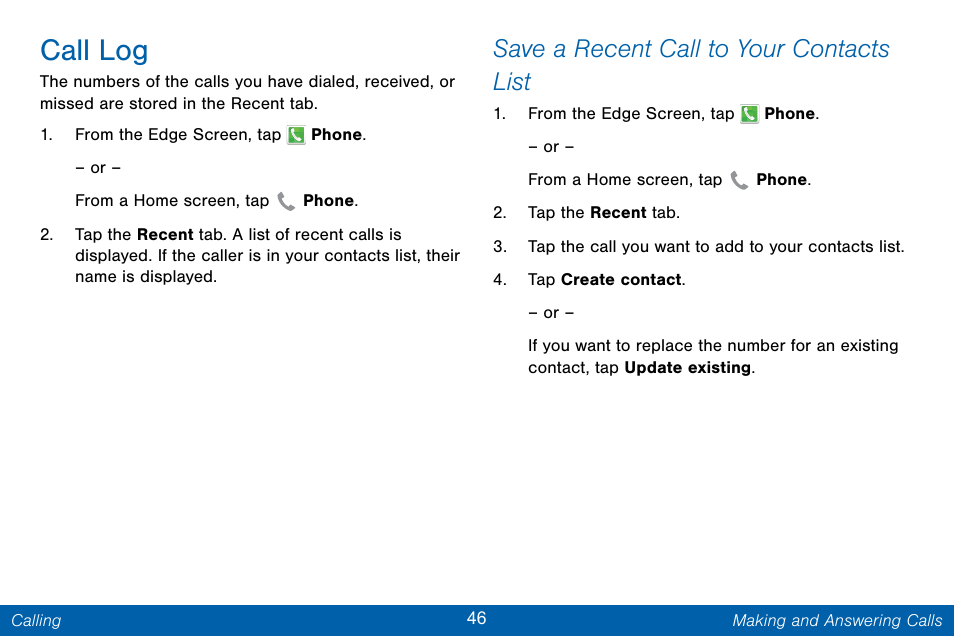 Call log, Save a recent call to your contacts list | Samsung Galaxy Note Edge User Manual | Page 55 / 201