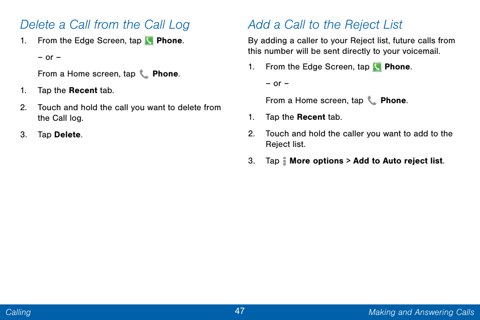Delete a call from the call log, Add a call to the reject list | Samsung Galaxy Note Edge User Manual | Page 56 / 201