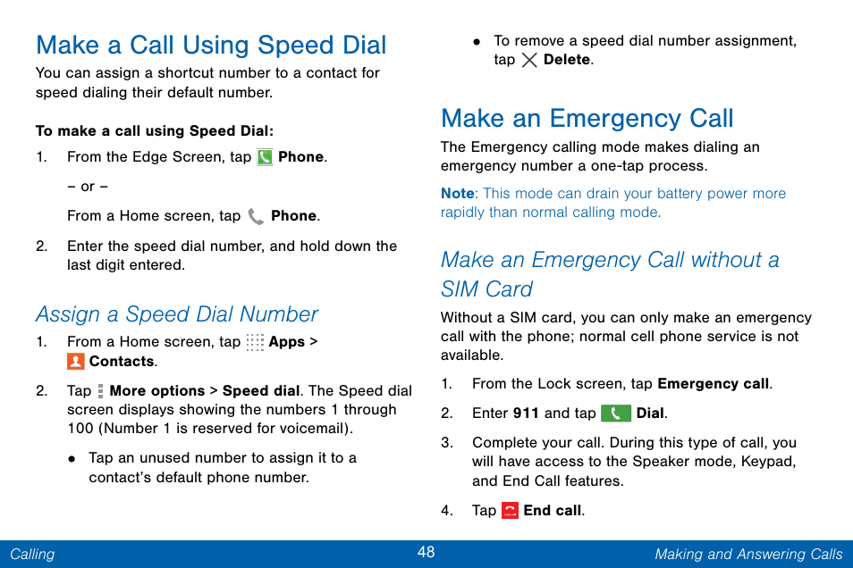 Make a call using speed dial, Make an emergency call, Assign a speed dial number | Make an emergency call without a sim card | Samsung Galaxy Note Edge User Manual | Page 57 / 201