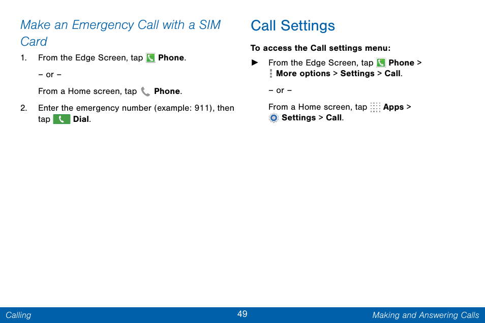 Call settings, Make an emergency call with a sim card | Samsung Galaxy Note Edge User Manual | Page 58 / 201