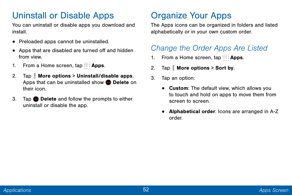 Uninstall or disable apps, Organize your apps, Change the order apps are listed | Samsung Galaxy Note Edge User Manual | Page 61 / 201