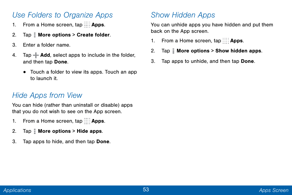 Use folders to organize apps, Hide apps from view, Show hidden apps | Samsung Galaxy Note Edge User Manual | Page 62 / 201