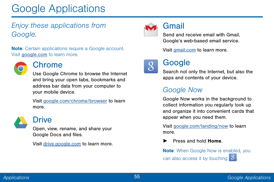 Google applications, Chrome, Drive | Gmail, Google, Enjoy these applications from google, Google now | Samsung Galaxy Note Edge User Manual | Page 64 / 201