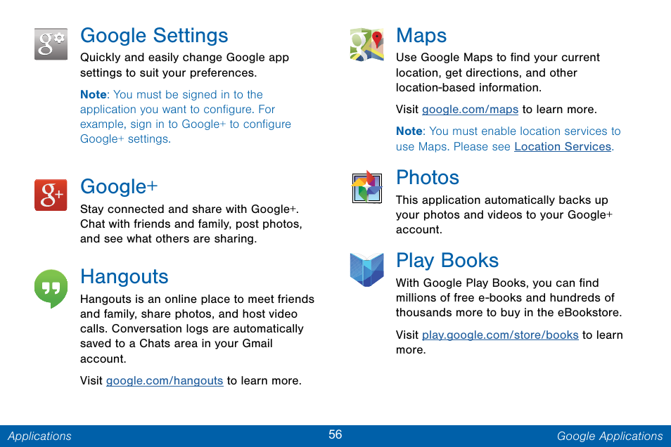 Google settings, Google, Hangouts | Maps, Photos, Play books | Samsung Galaxy Note Edge User Manual | Page 65 / 201