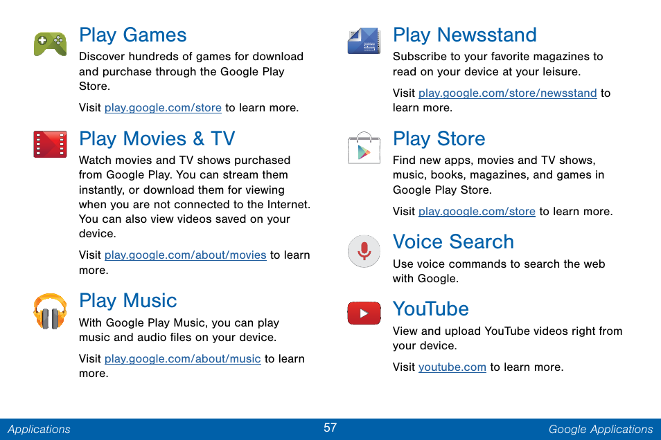 Play games, Play movies & tv, Play music | Play newsstand, Play store, Voice search, Youtube | Samsung Galaxy Note Edge User Manual | Page 66 / 201