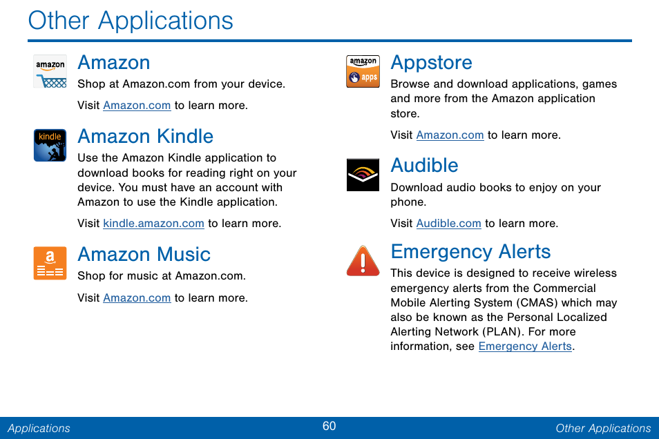 Other applications, Amazon, Amazon kindle | Amazon music, Appstore, Audible, Emergency alerts | Samsung Galaxy Note Edge User Manual | Page 69 / 201