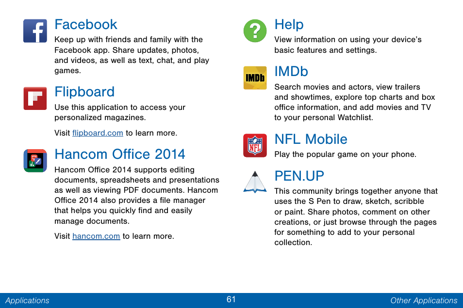 Facebook, Flipboard, Hancom office 2014 | Help, Imdb, Nfl mobile, Pen.up | Samsung Galaxy Note Edge User Manual | Page 70 / 201