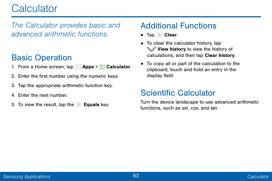 Calculator, Basic operation, Additional functions | Scientific calculator | Samsung Galaxy Note Edge User Manual | Page 72 / 201