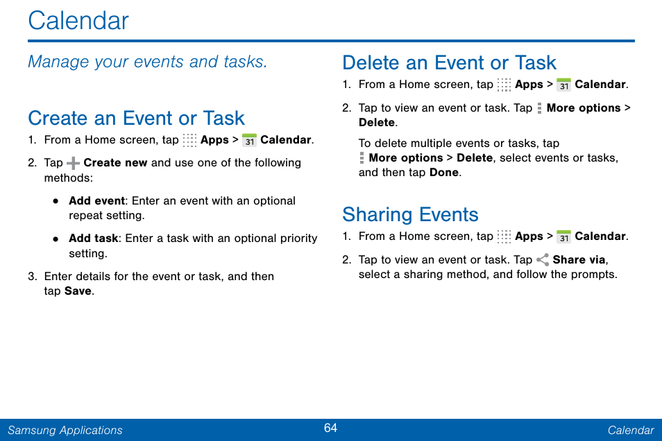 Calendar, Create an event or task, Delete an event or task | Sharing events, Manage your events and tasks | Samsung Galaxy Note Edge User Manual | Page 73 / 201
