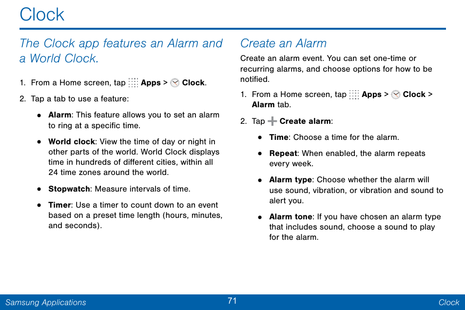 Clock, The clock app features an alarm and a world clock, Create an alarm | Samsung Galaxy Note Edge User Manual | Page 80 / 201