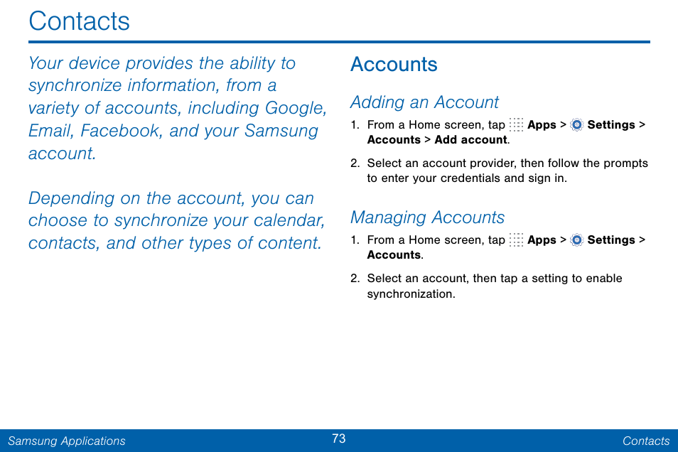 Contacts, Accounts, Adding an account | Managing accounts | Samsung Galaxy Note Edge User Manual | Page 82 / 201