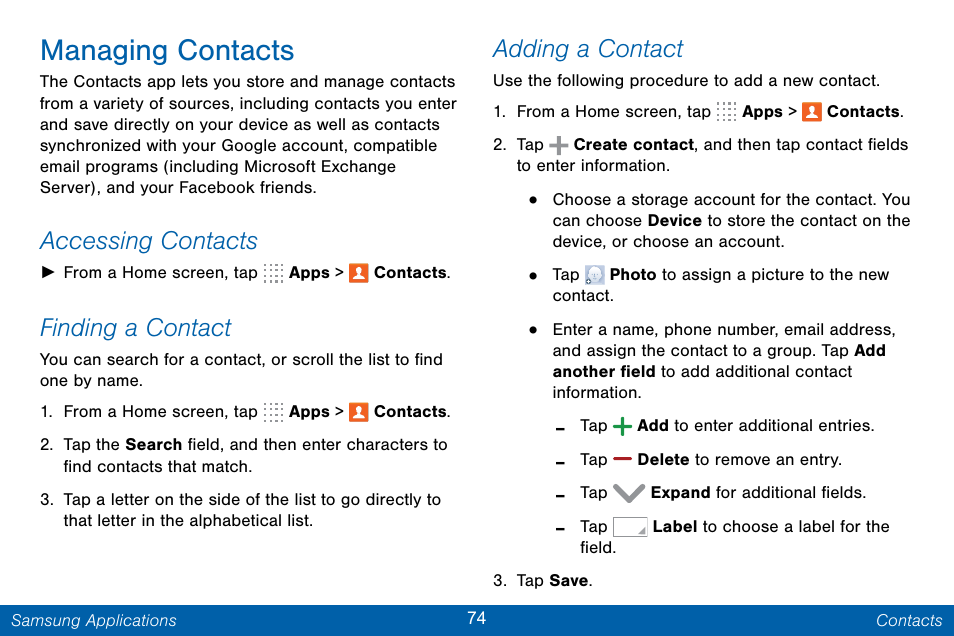 Managing contacts, Accessing contacts, Finding a contact | Adding a contact | Samsung Galaxy Note Edge User Manual | Page 83 / 201