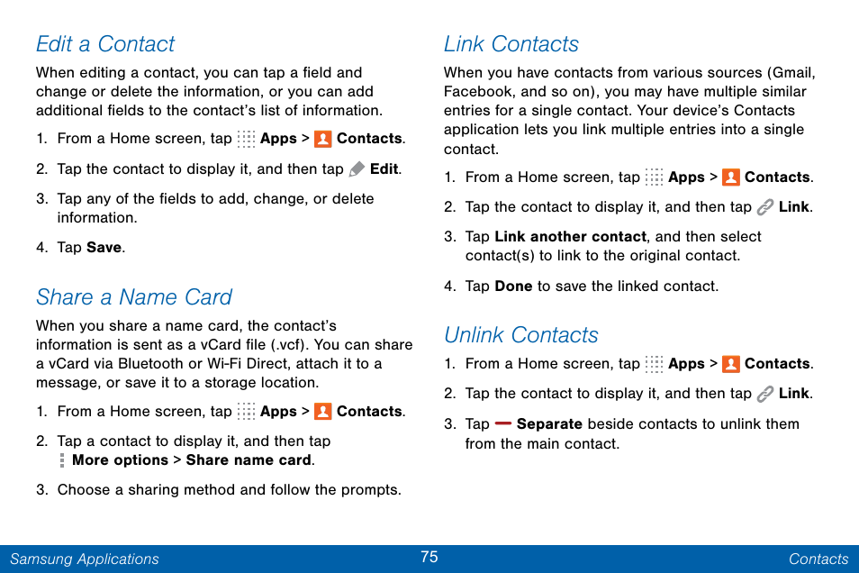 Edit a contact, Share a name card, Link contacts | Unlink contacts | Samsung Galaxy Note Edge User Manual | Page 84 / 201