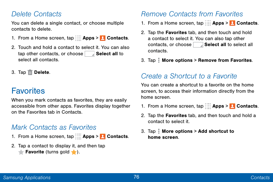 Favorites, Delete contacts, Mark contacts as favorites | Remove contacts from favorites, Create a shortcut to a favorite | Samsung Galaxy Note Edge User Manual | Page 85 / 201