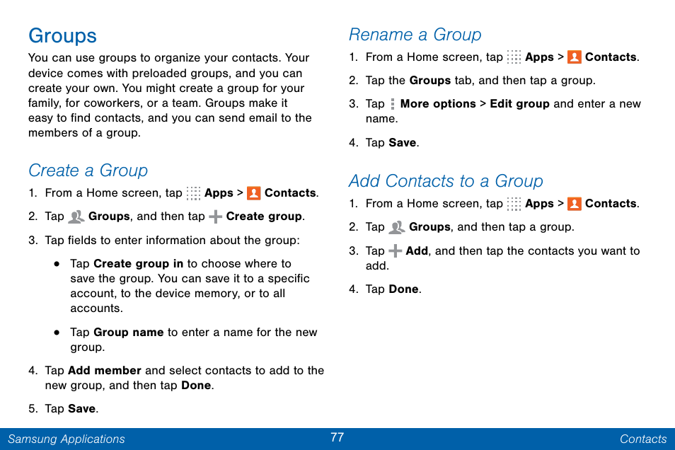 Groups, Create a group, Rename a group | Add contacts to a group | Samsung Galaxy Note Edge User Manual | Page 86 / 201