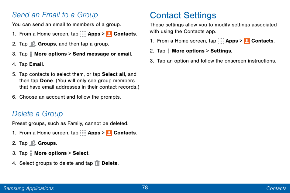 Contact settings, Send an email to a group, Delete a group | Samsung Galaxy Note Edge User Manual | Page 87 / 201