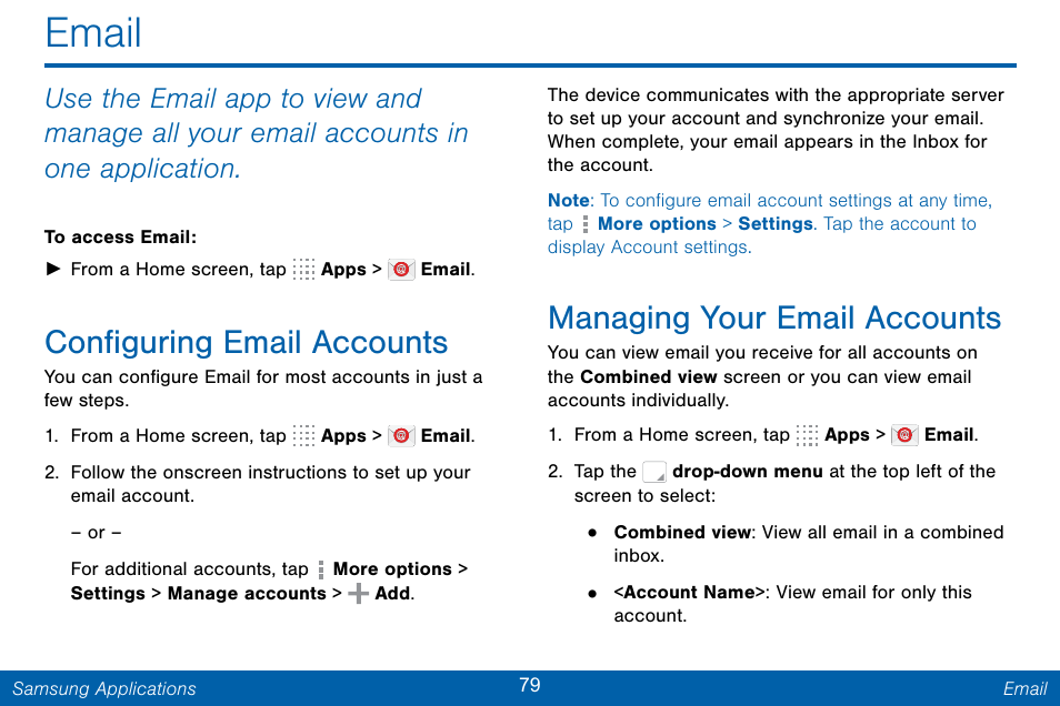 Email, Configuring email accounts, Managing your email accounts | Samsung Galaxy Note Edge User Manual | Page 88 / 201