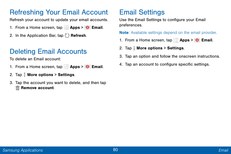 Refreshing your email account, Deleting email accounts, Email settings | Samsung Galaxy Note Edge User Manual | Page 89 / 201