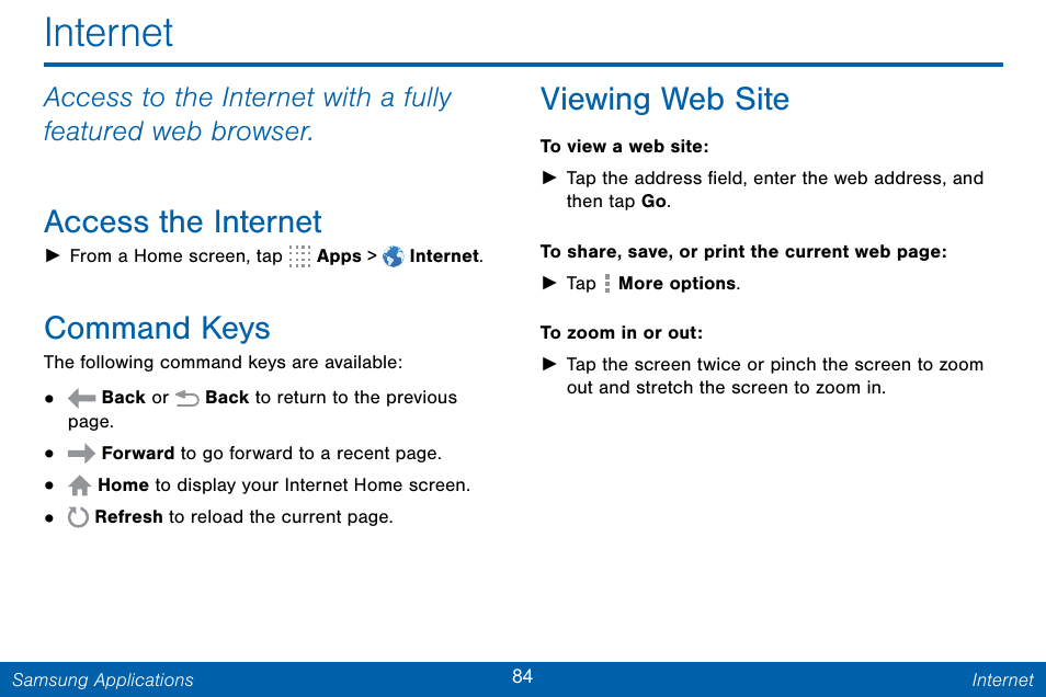 Internet, Access the internet, Command keys | Viewing web site | Samsung Galaxy Note Edge User Manual | Page 93 / 201