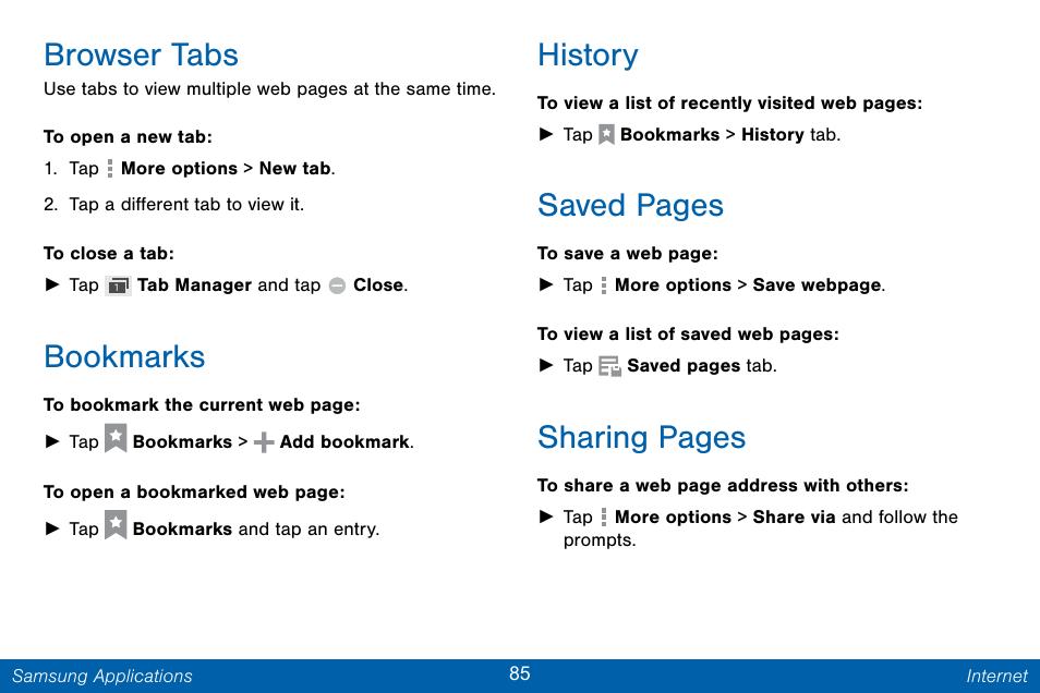 Browser tabs, Bookmarks, History | Saved pages, Sharing pages | Samsung Galaxy Note Edge User Manual | Page 94 / 201