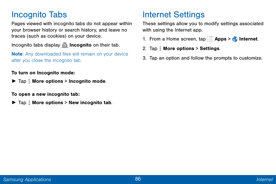 Incognito tabs, Internet settings | Samsung Galaxy Note Edge User Manual | Page 95 / 201