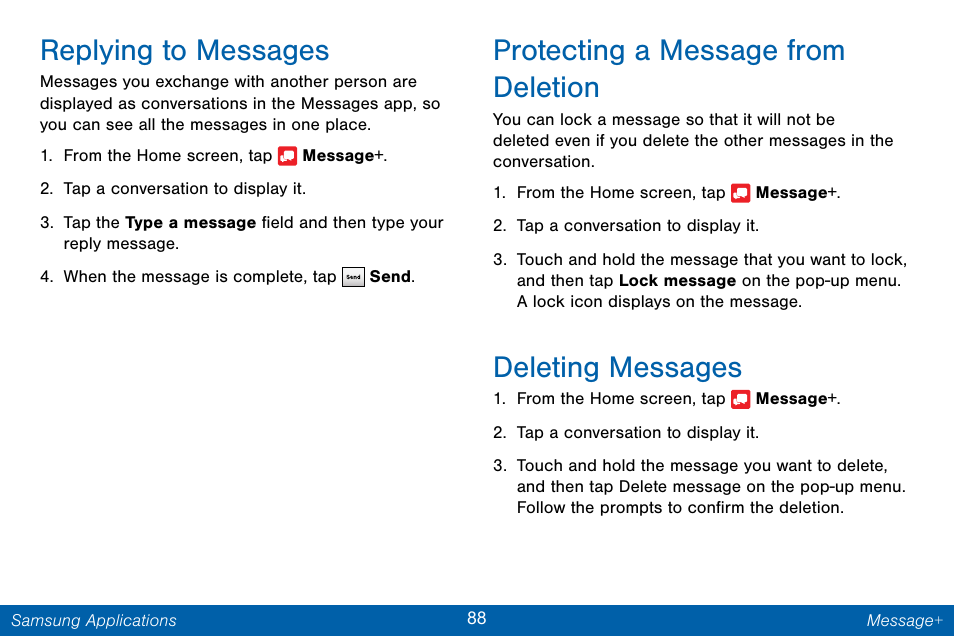 Replying to messages, Protecting a message from deletion, Deleting messages | Samsung Galaxy Note Edge User Manual | Page 97 / 201