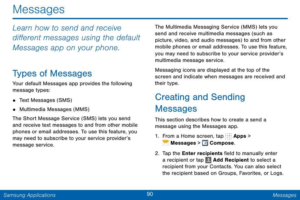 Messages, Types of messages, Creating and sending messages | Samsung Galaxy Note Edge User Manual | Page 99 / 201