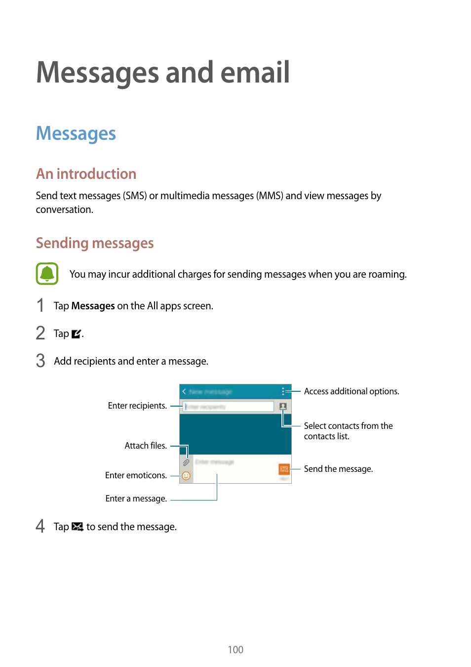 Messages & email, Messages, 100 messages | Messages and email, An introduction, Sending messages | Samsung Galaxy Note Edge User Manual | Page 100 / 208
