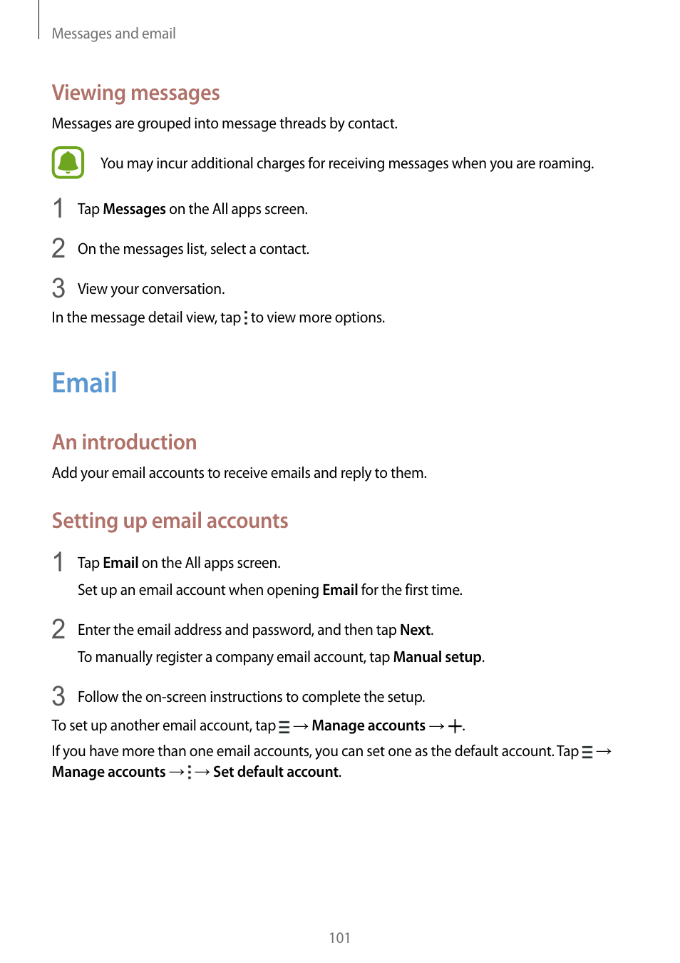 Email, 101 email, Viewing messages | An introduction, Setting up email accounts | Samsung Galaxy Note Edge User Manual | Page 101 / 208