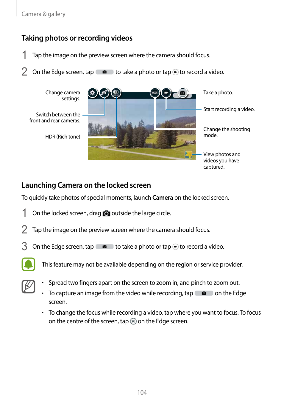 Taking photos or recording videos, Launching camera on the locked screen | Samsung Galaxy Note Edge User Manual | Page 104 / 208