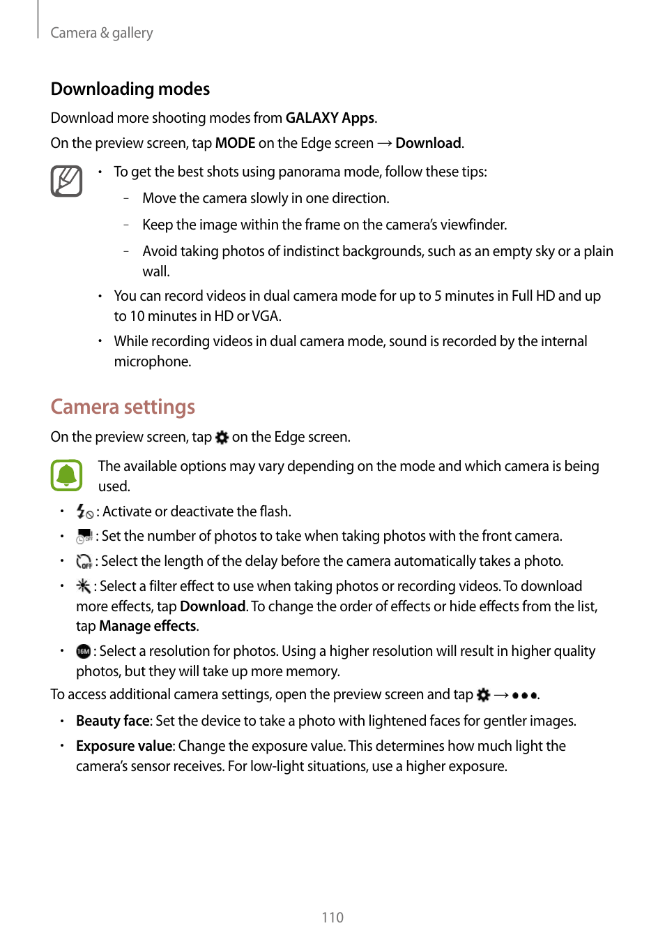 Camera settings, Downloading modes | Samsung Galaxy Note Edge User Manual | Page 110 / 208