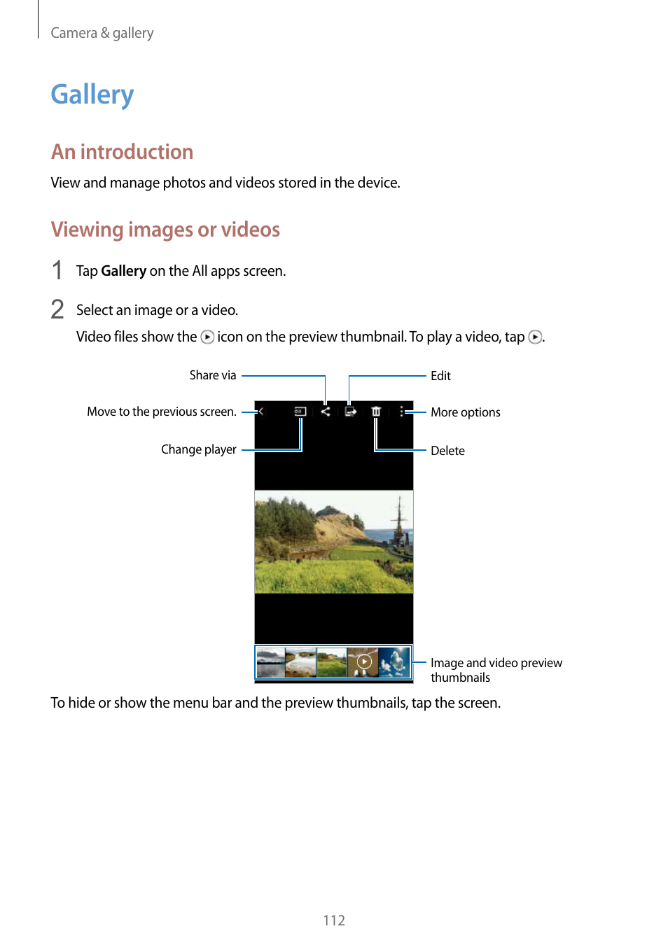 Gallery, 112 gallery, An introduction | Viewing images or videos | Samsung Galaxy Note Edge User Manual | Page 112 / 208