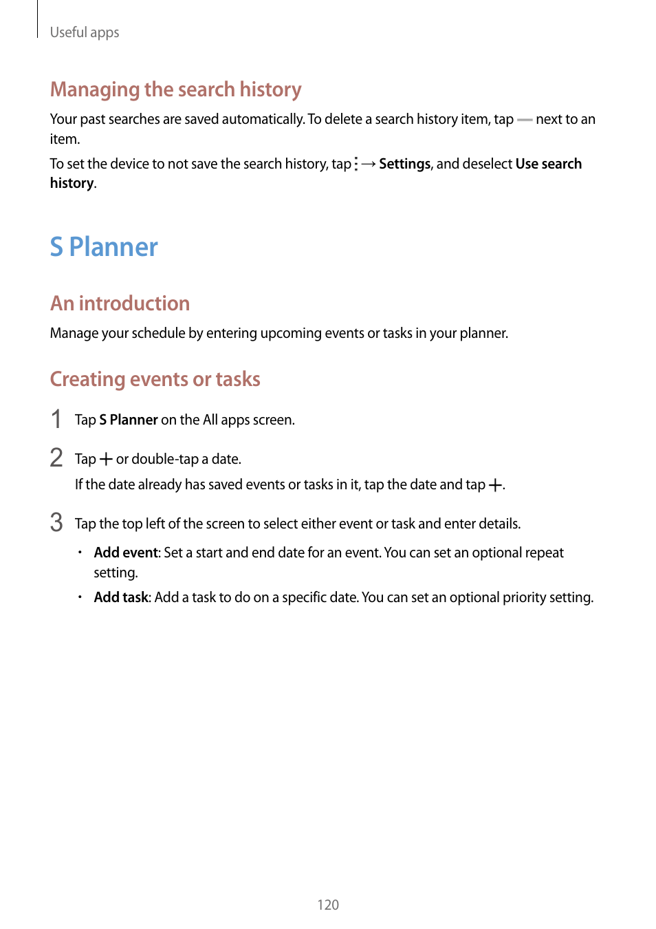 S planner, 120 s planner, Managing the search history | An introduction, Creating events or tasks | Samsung Galaxy Note Edge User Manual | Page 120 / 208