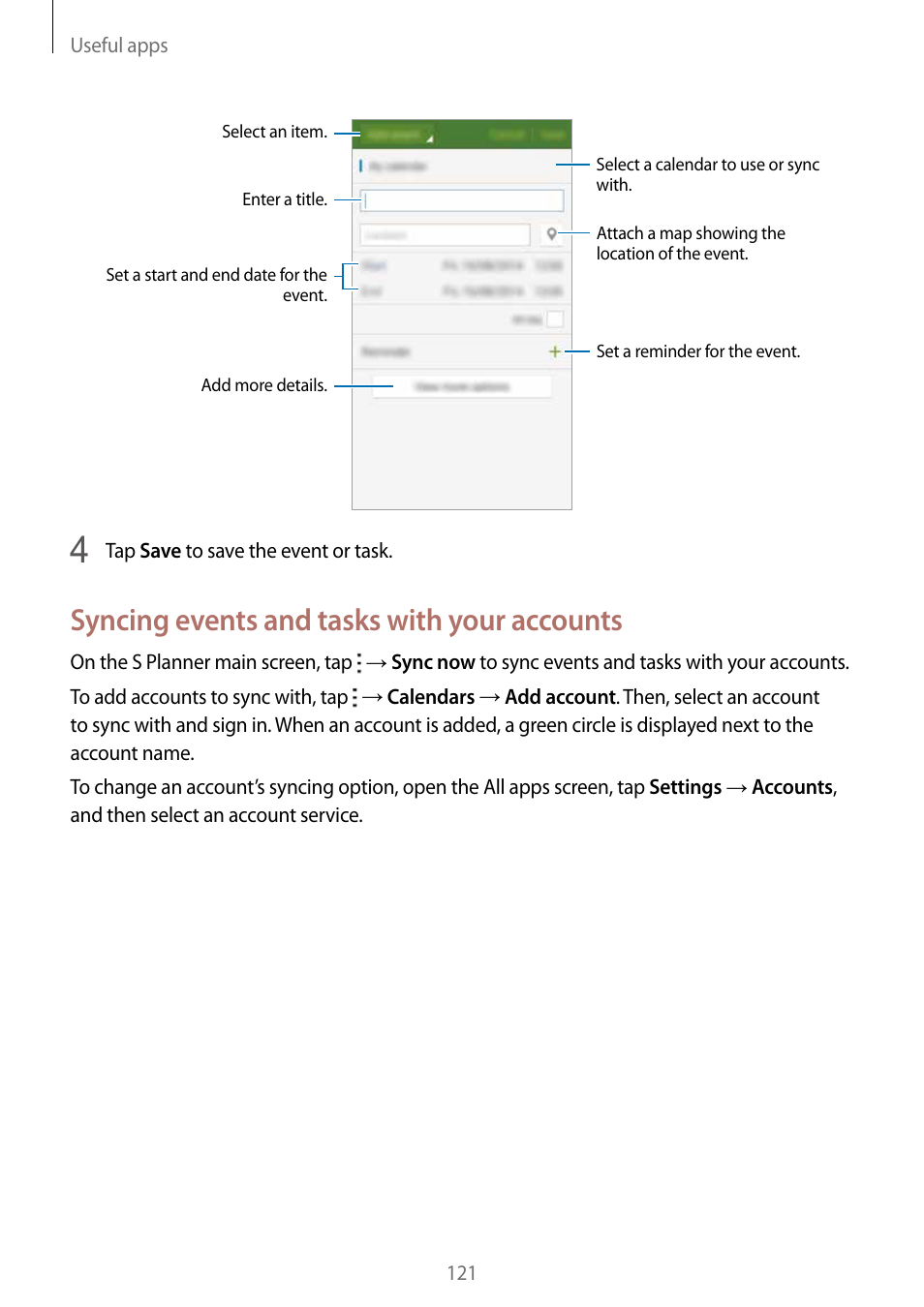 Syncing events and tasks with your accounts | Samsung Galaxy Note Edge User Manual | Page 121 / 208