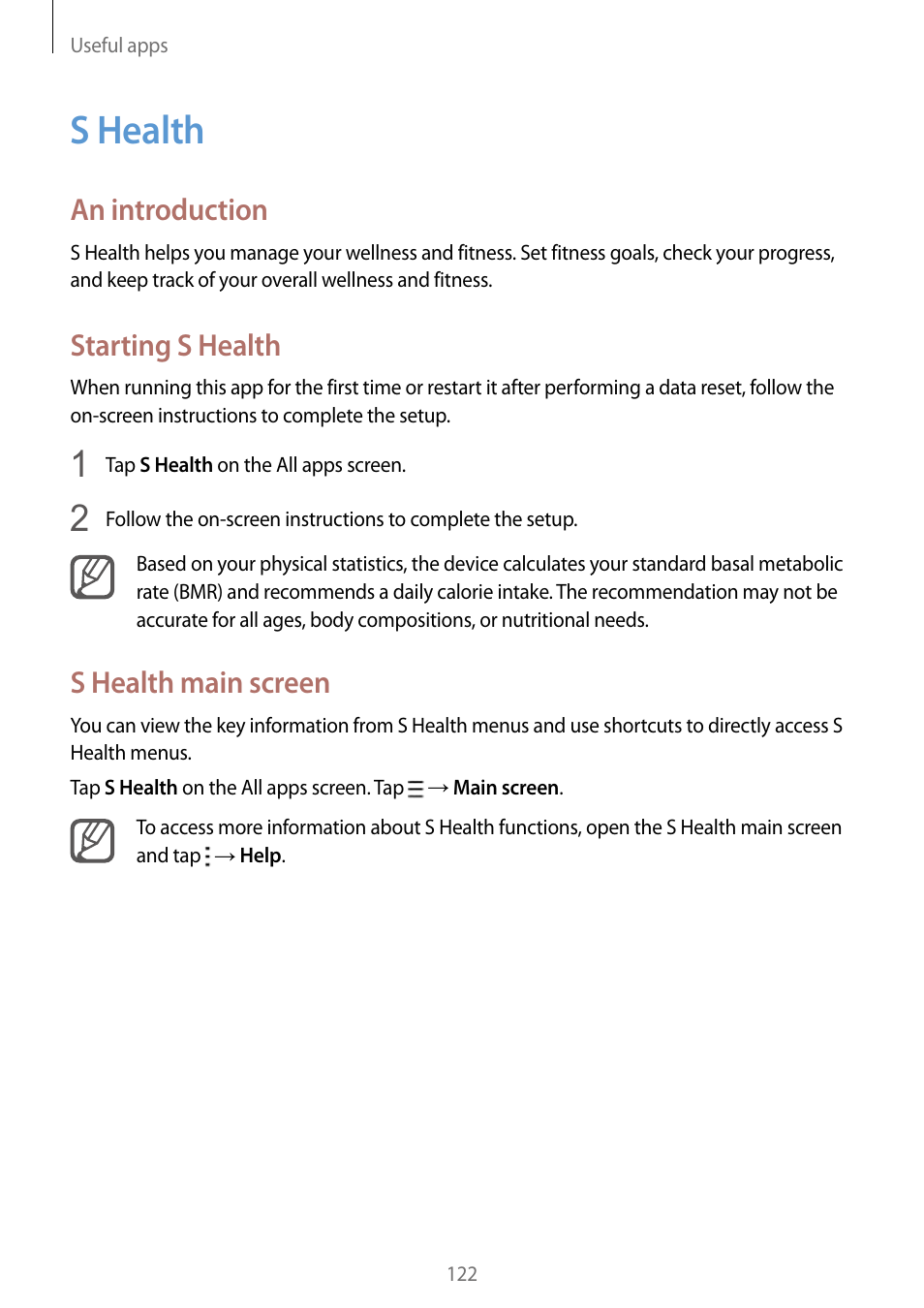 S health, 122 s health, An introduction | Starting s health, S health main screen | Samsung Galaxy Note Edge User Manual | Page 122 / 208