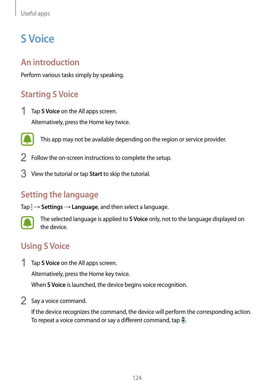 S voice, 124 s voice, An introduction | Starting s voice, Setting the language, Using s voice | Samsung Galaxy Note Edge User Manual | Page 124 / 208