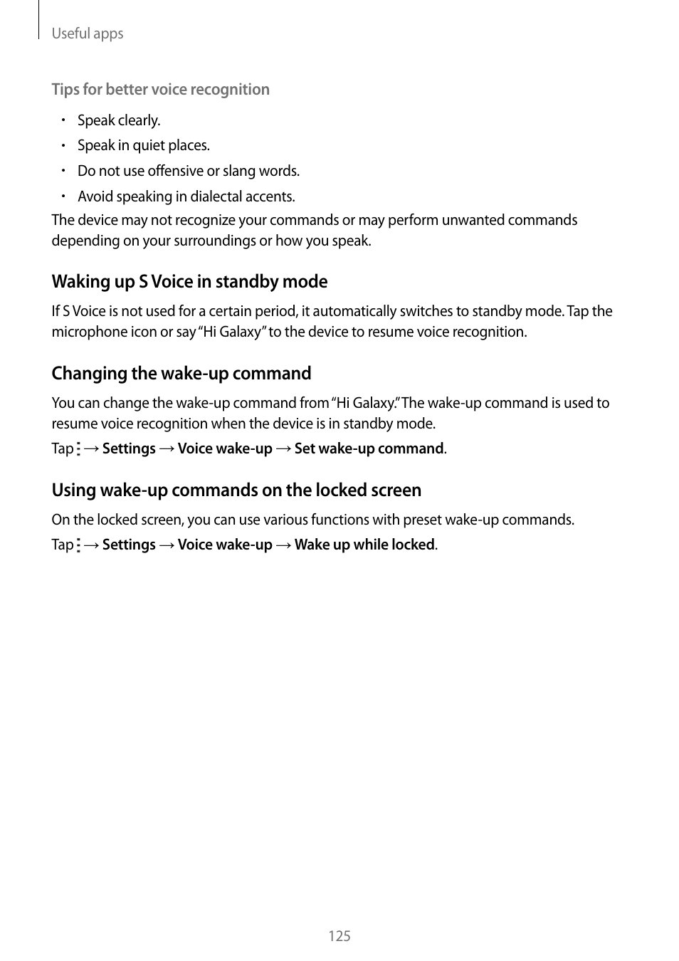 Waking up s voice in standby mode, Changing the wake-up command, Using wake-up commands on the locked screen | Samsung Galaxy Note Edge User Manual | Page 125 / 208
